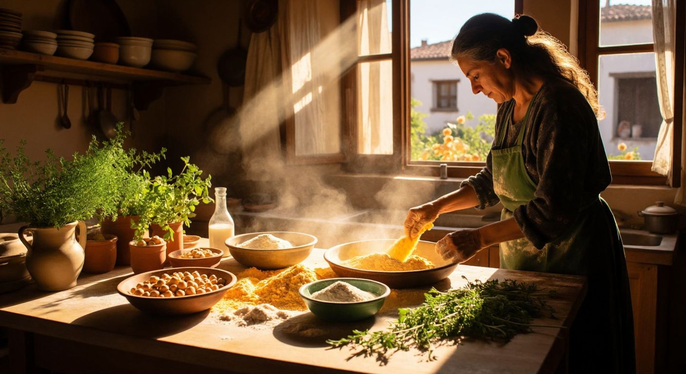 A warm, sunlit kitchen in Turkey with a wooden table covered in fresh ingredients—chickpeas, flour, and herbs—as hands knead a golden dough for yaş tarhana, evoking a sense of tradition and communal cooking.