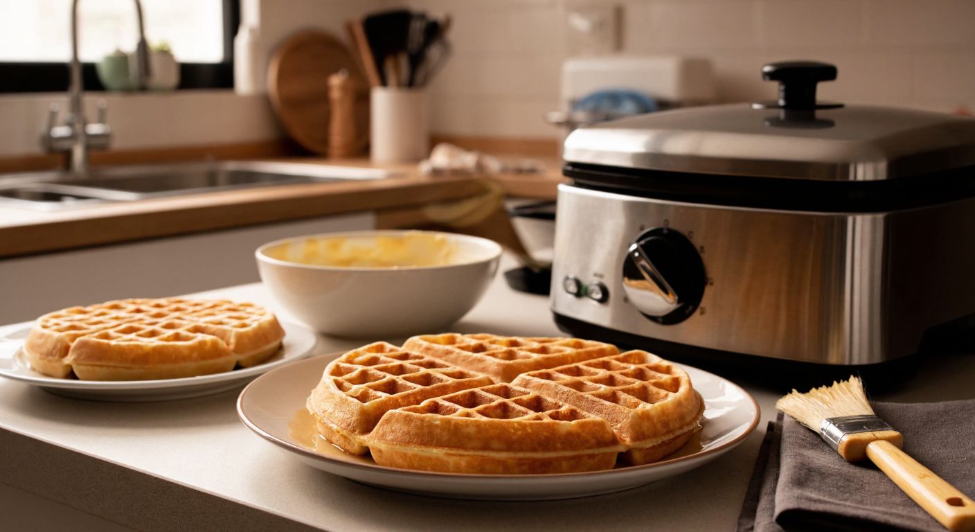 A warm, golden waffle with crisp edges sits on a plate beside a toaster machine, with a bowl of waffle batter and a brush dipped in melted butter nearby, evoking a cozy Turkish kitchen.