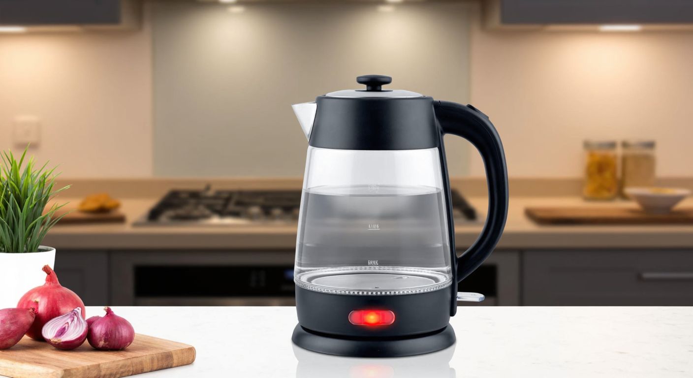 A modern electric kettle with a transparent water window sits on a kitchen counter in Turkey, its interior dry and heating element inactive, while a safety mechanism symbolically glows red to indicate dry-operation protection.