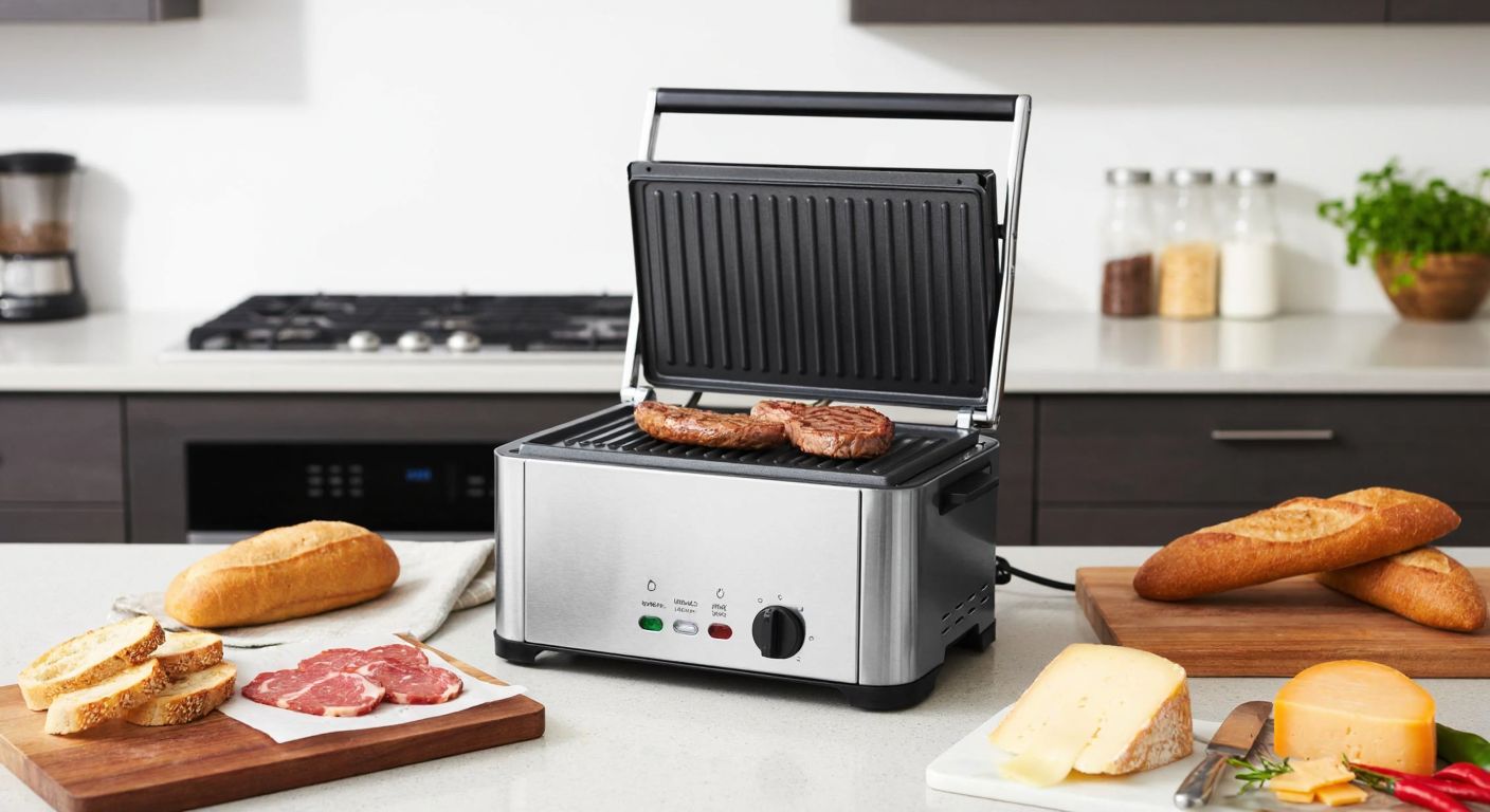 A modern stainless steel toaster with an openable top grill sits on a kitchen counter, surrounded by fresh bread slices, melting cheese, and sizzling meat, evoking warmth and convenience.