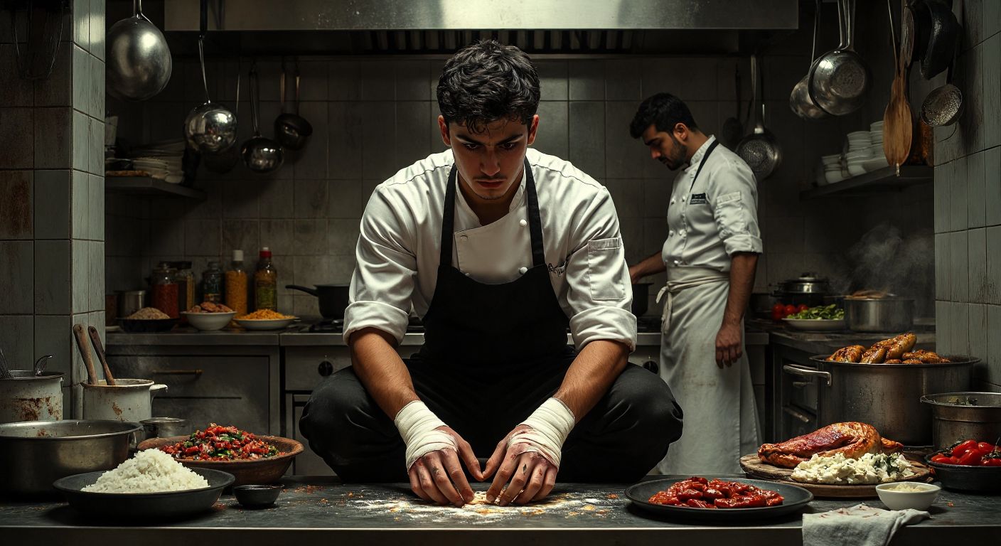 A determined young chef with bandaged hands kneels in a humble kitchen, surrounded by rustic Turkish ingredients, while a shadowy figure of a master chef looms faintly in the background.