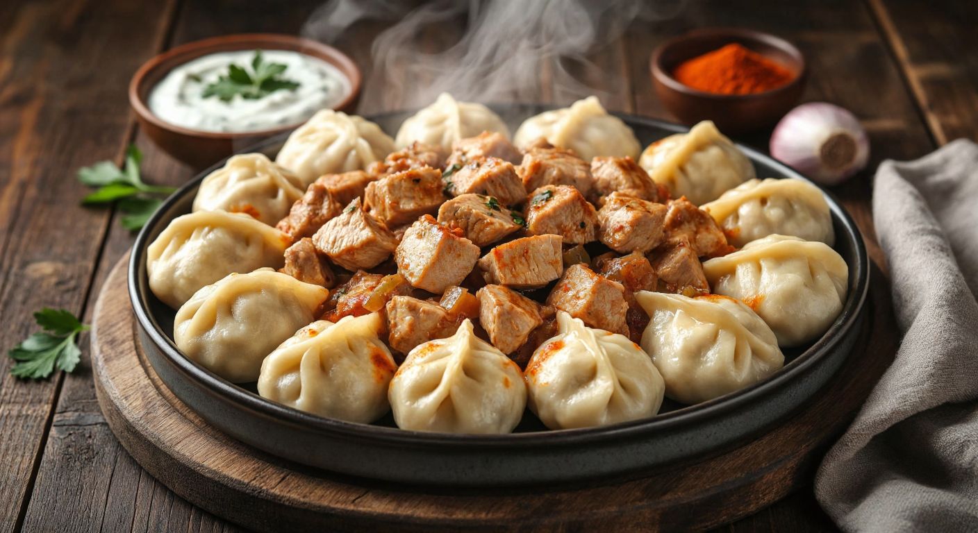 A steaming plate of golden Tatar manti dumplings, filled with juicy chicken meat, placed on a rustic wooden table with a side of yogurt and a sprinkle of paprika, evoking warmth and traditional Turkish cuisine.