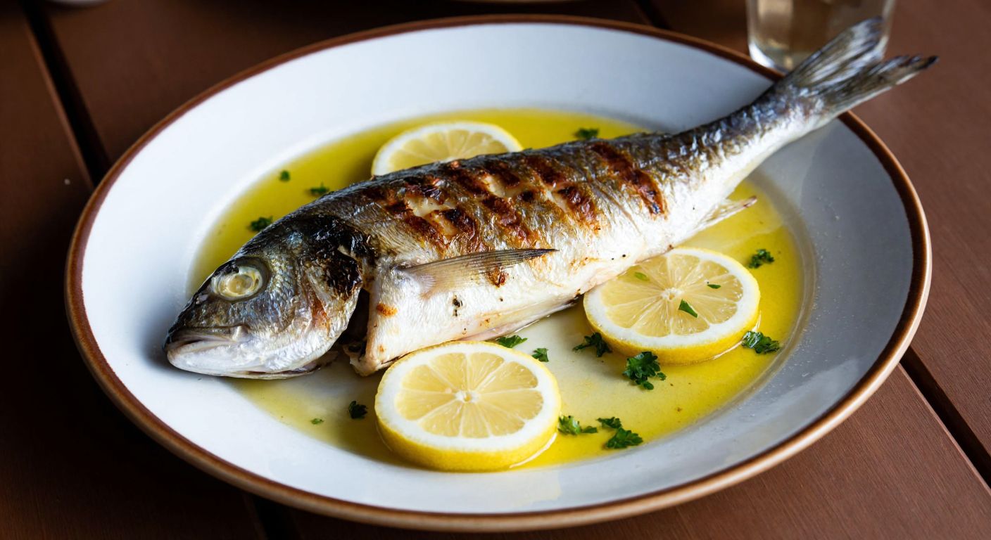 A freshly grilled whole izmarit fish on a rustic plate, glistening with olive oil and lemon slices, garnished with chopped parsley, set against a simple wooden table by the seaside in Turkey.