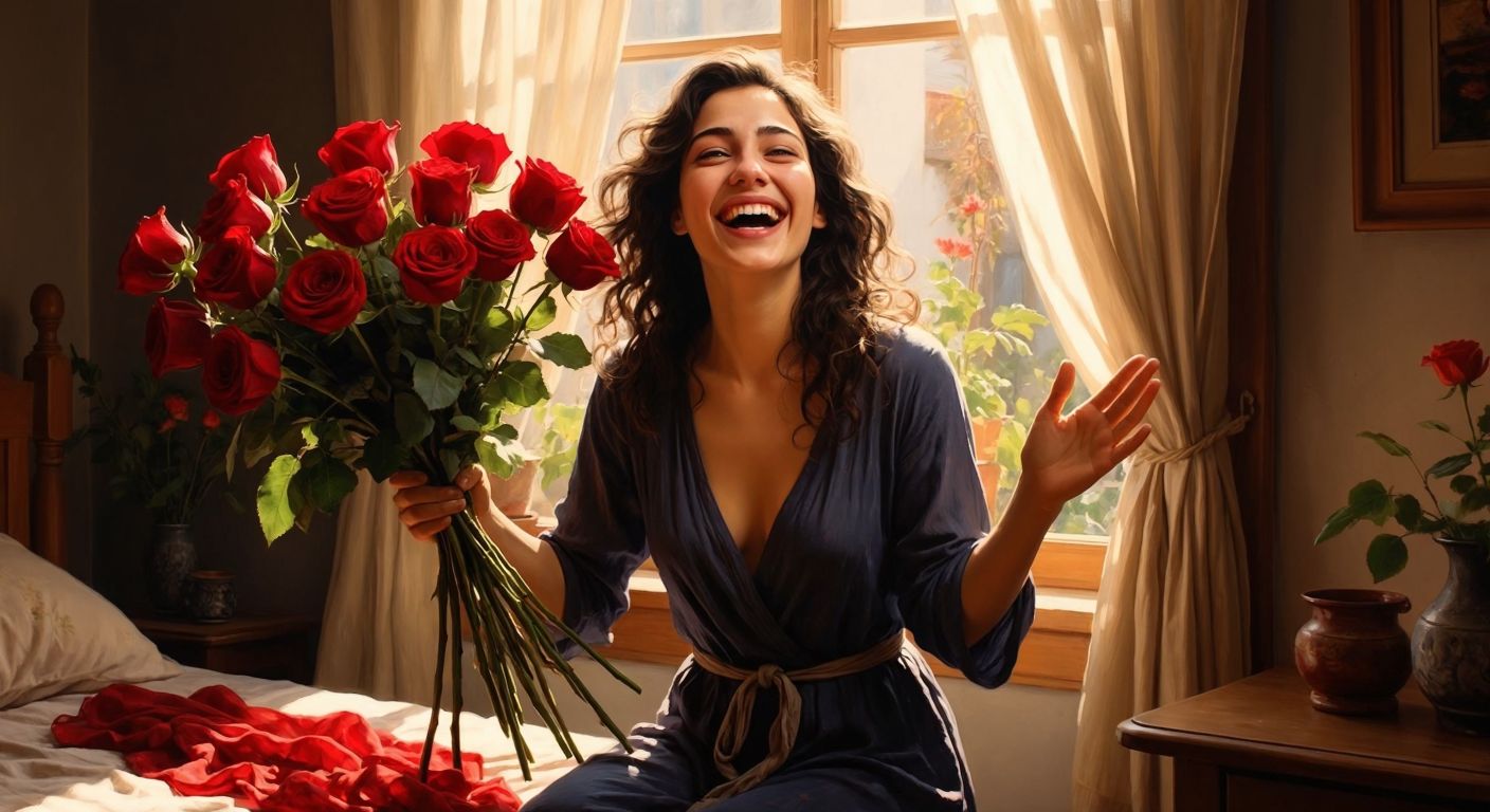 A smiling woman in a cozy Turkish home receives a vibrant bouquet of fresh red roses with roots still attached, her hands raised in joyful surprise as sunlight streams through the window.