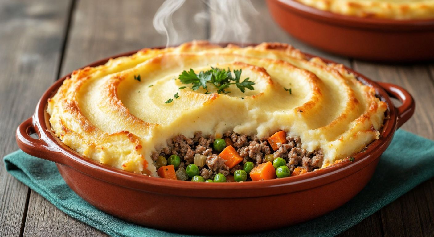 A golden-brown shepherd's pie with a crispy mashed potato topping, filled with a savory mixture of minced lamb, diced onions, carrots, and peas, steaming on a rustic Turkish ceramic plate.