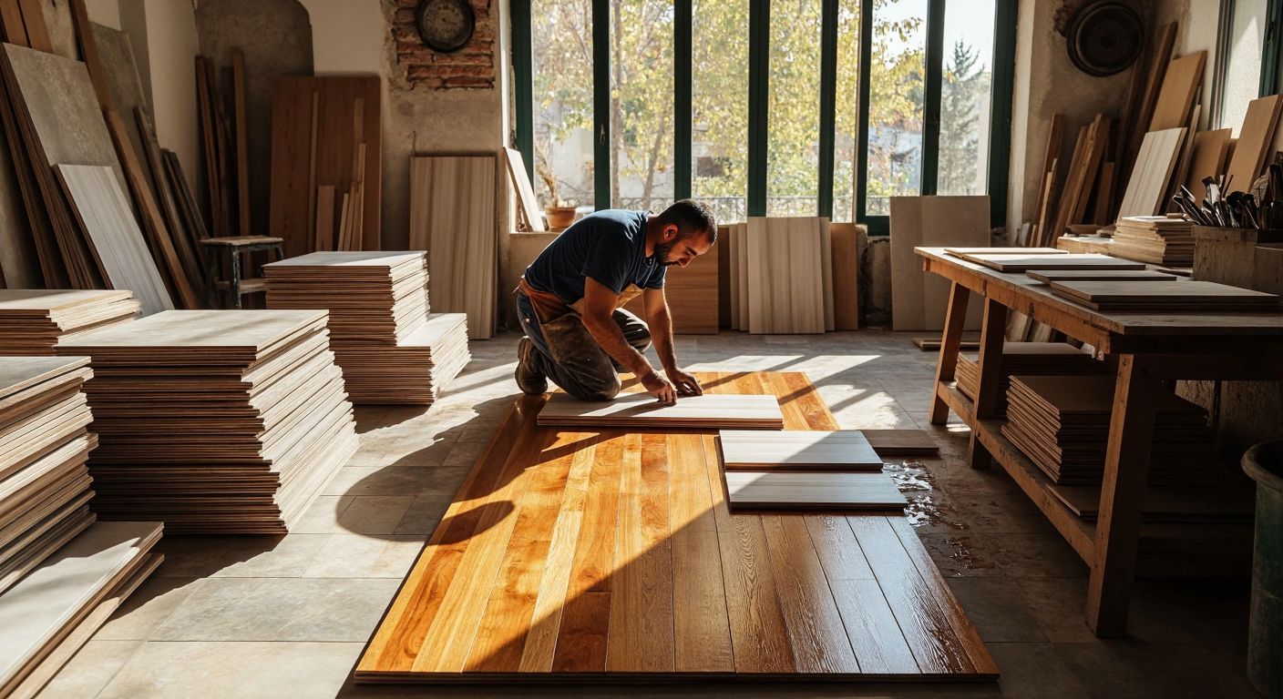 A Turkish craftsman in a sunlit workshop carefully laying down polished wooden floorboards, surrounded by stacks of ceramic tiles and laminate samples.