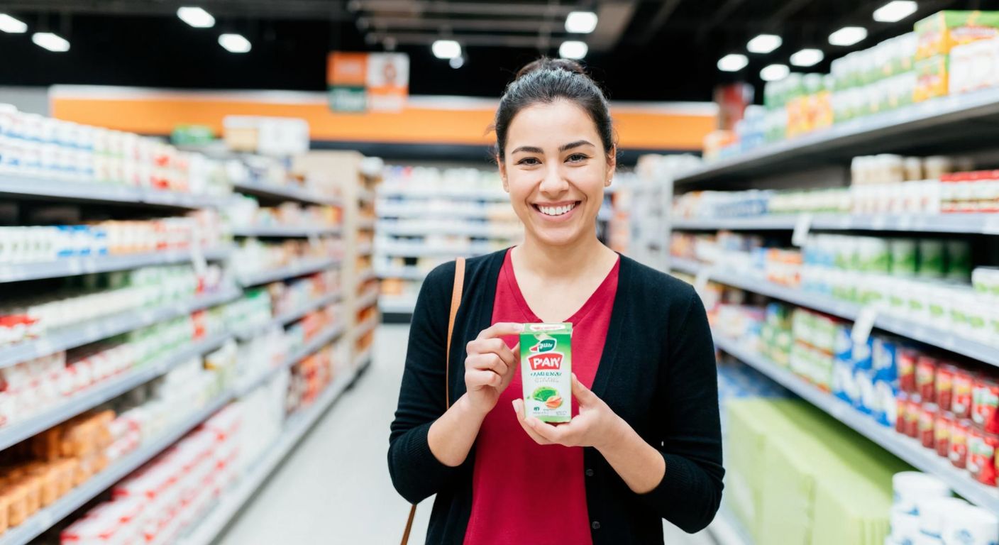 A smiling shopper in a Migros supermarket aisle holding a small carton of Pınar cream, with shelves stocked with dairy products in the background.