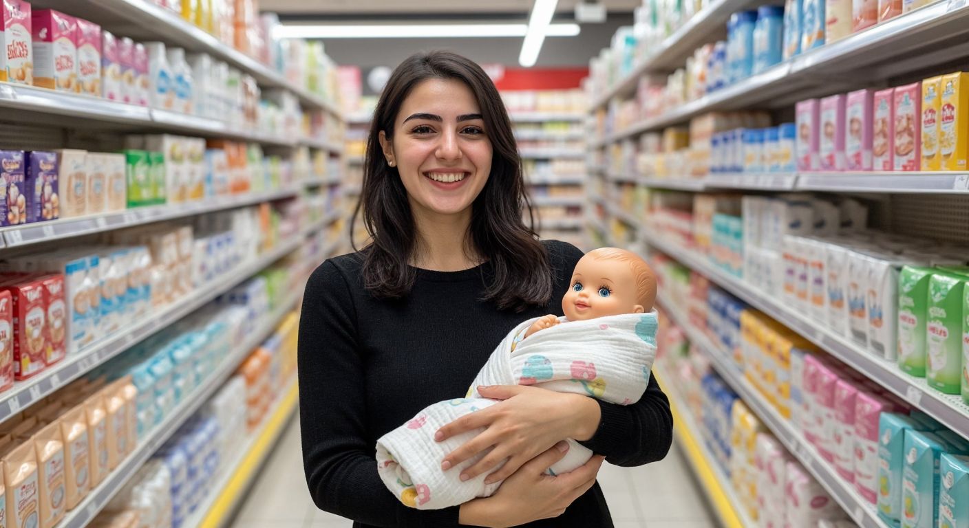 A young Turkish mother in a BİM supermarket aisle, smiling as she holds a colorful Barbie doll and a soft muslin baby wrap, surrounded by neatly stacked shelves of baby products like diapers and shampoo.