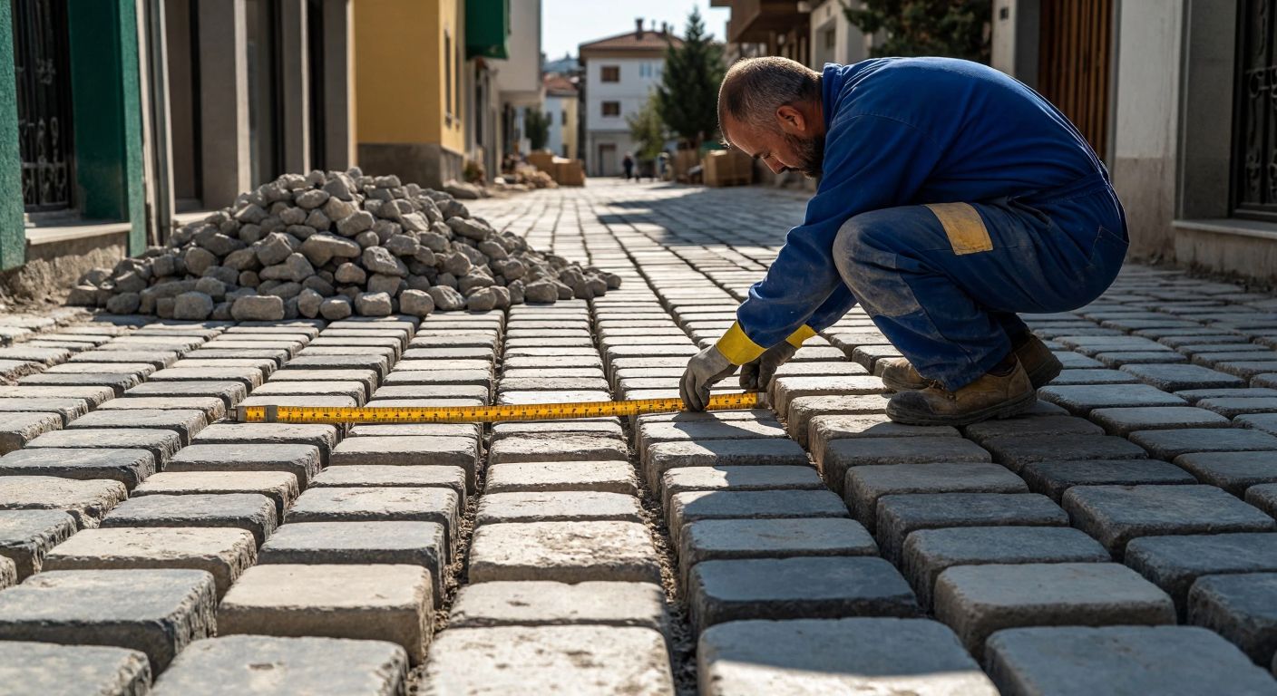 A worker in a blue jumpsuit carefully lays down rows of small, square cobblestones on a sunlit Turkish street, with a pile of unused stones nearby and a measuring tape stretched across the partially completed section.