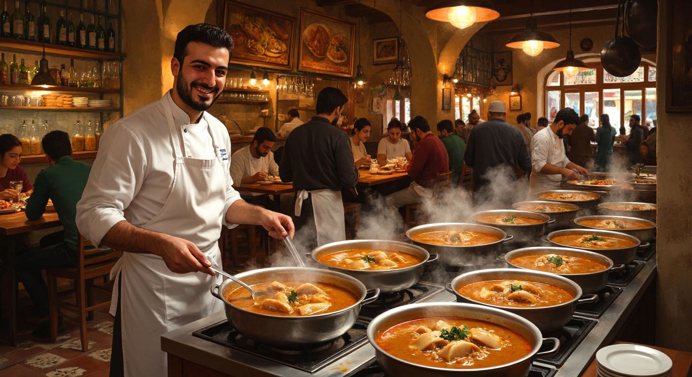 A bustling Turkish eatery with steaming bowls of rich, golden-brown tripe soup, served by a smiling chef in a white apron, surrounded by eager diners at wooden tables under warm, dim lighting.