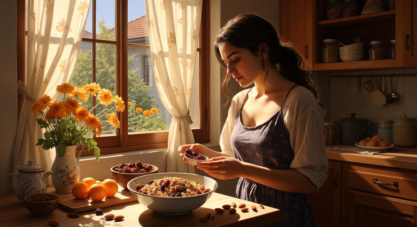 A Turkish woman in a sunlit kitchen thoughtfully examines a bowl of Eti Granola filled with oats, nuts, and dried fruits, while fresh ingredients like almonds and honey sit nearby on a wooden table.