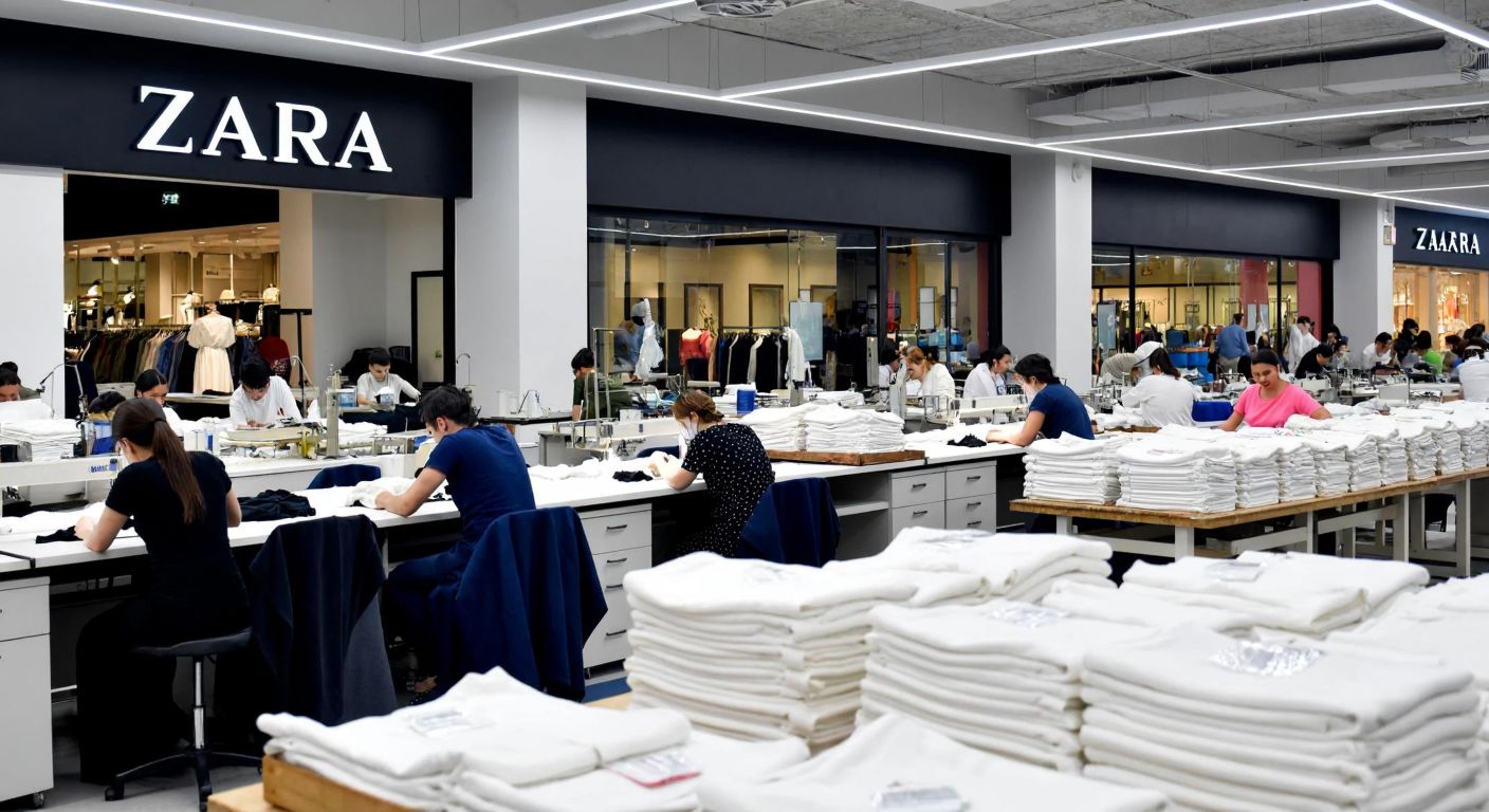A bustling Turkish textile factory with workers sewing Zara clothing, stacks of folded garments ready for shipment, and a modern shopping mall in the background with a Zara storefront displaying affordable fashion.
