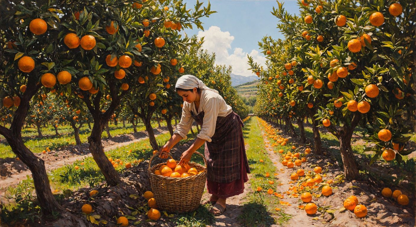 A sunlit orange grove in Turkey with rows of lush trees heavy with bright orange fruit, a farmer in traditional clothing carefully picking them into woven baskets.