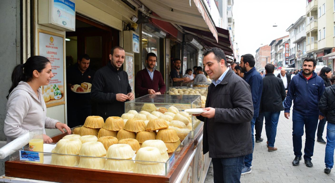 A bustling street in İzmit with vendors proudly displaying golden, fluffy pişmaniye in glass cases, surrounded by eager customers smiling as they sample the sweet treat.