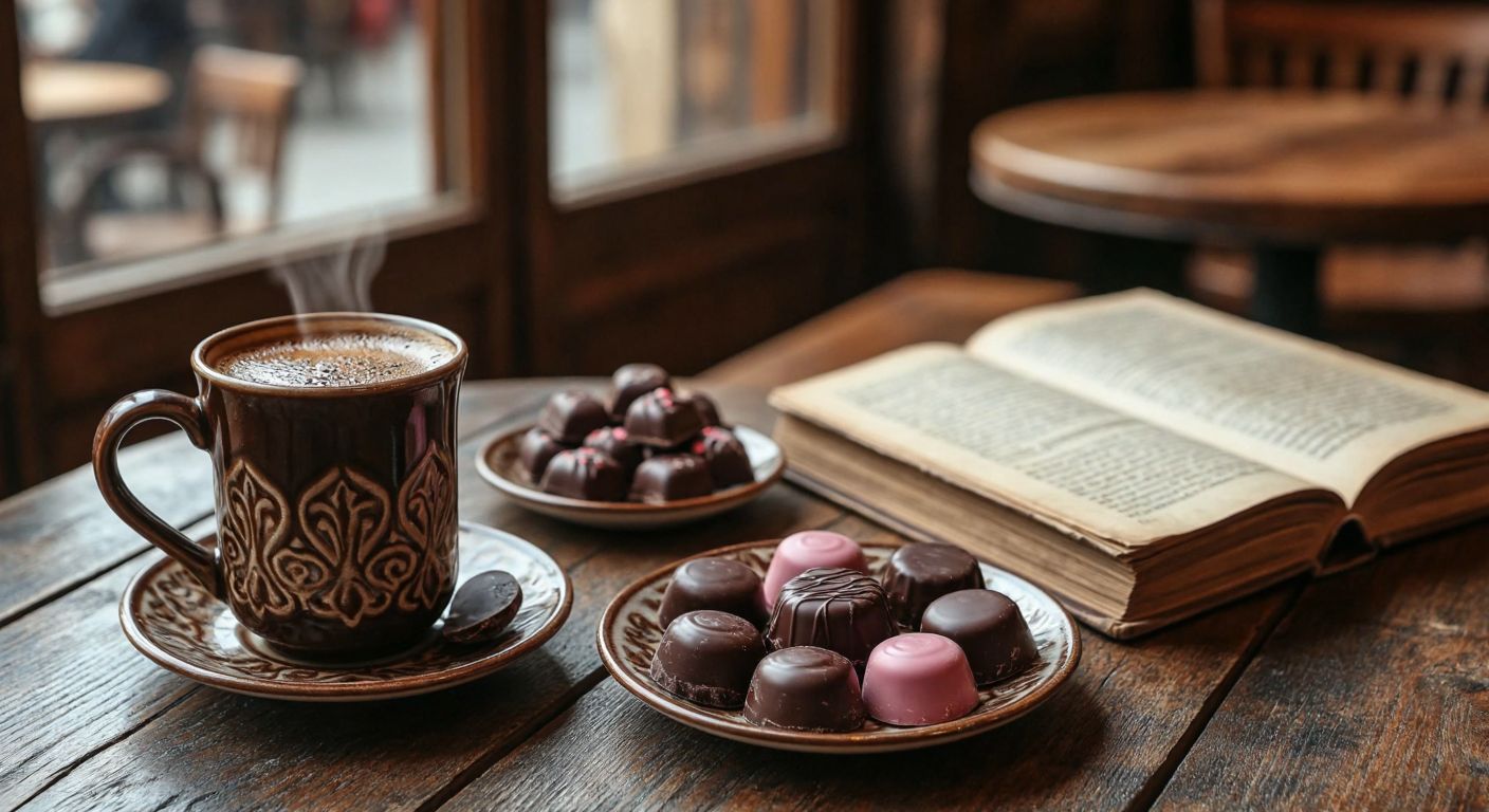 A rustic wooden table in a cozy Turkish café holds a steaming cup of Turkish coffee beside a plate of assorted chocolates, with an old book about chocolate history lying open nearby.