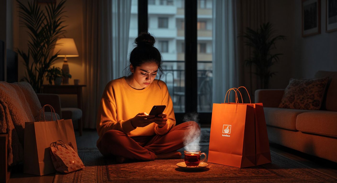 A frustrated person in a cozy Turkish home stares at a glowing smartphone screen, surrounded by shopping bags from local brands like Hepsiburada, while a steaming cup of Turkish tea sits nearby.
