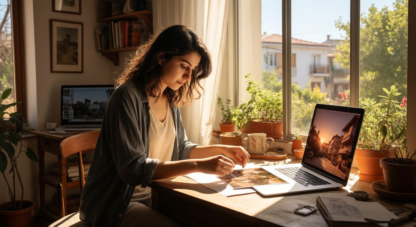 A young woman with dark hair, wearing casual clothes, sits at a wooden desk in a sunlit Turkish home, carefully adjusting the edges of a square photograph with her hands to crop it into a rectangle, while a laptop screen displays a cropping tool interface nearby.