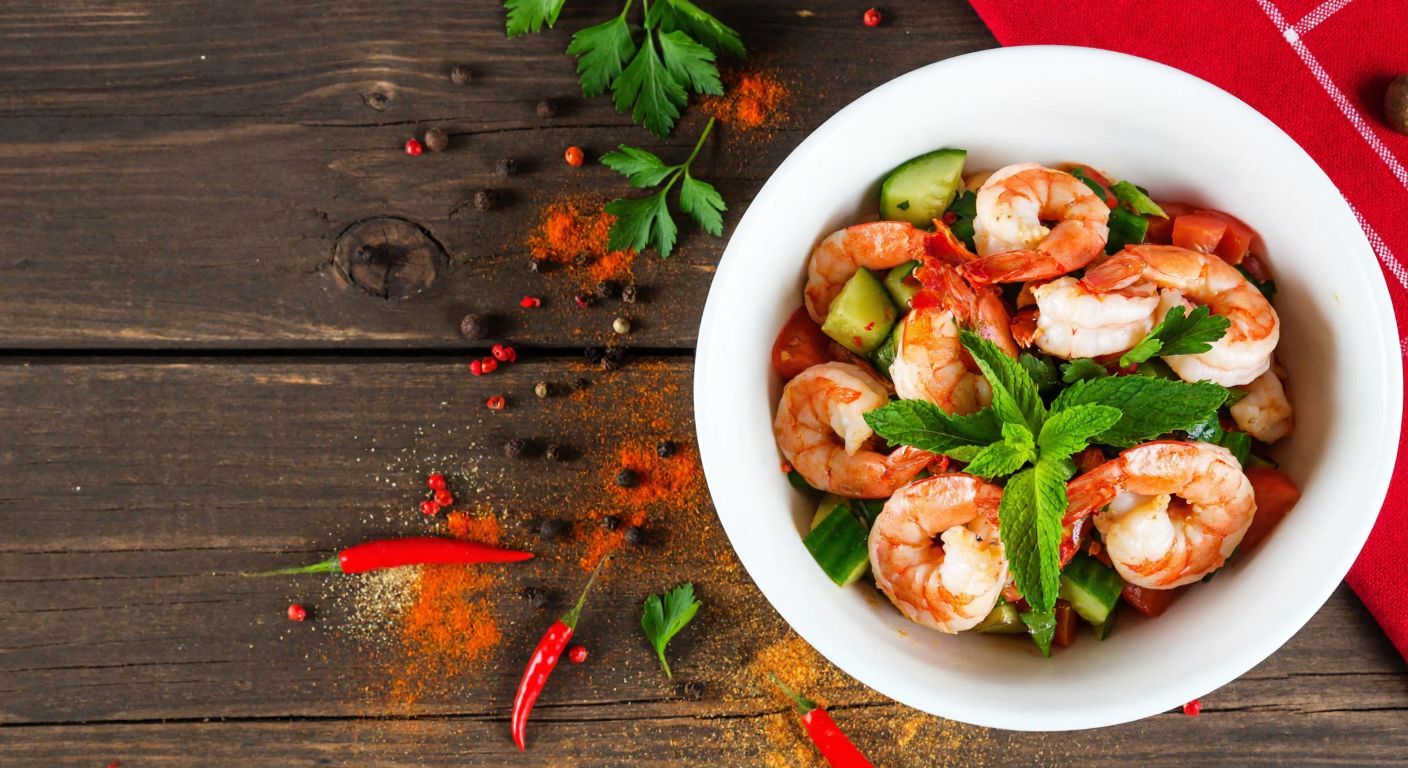 A vibrant Turkish-style shrimp salad in a white ceramic bowl, garnished with fresh parsley, mint, and thyme, surrounded by scattered black pepper, red pepper flakes, and paprika on a rustic wooden table.