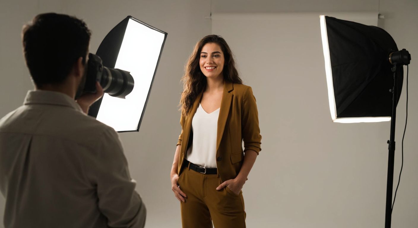 A confident young Turkish model in a stylish outfit stands in a modern studio, smiling warmly while a professional photographer adjusts lighting nearby, conveying trust and opportunity.