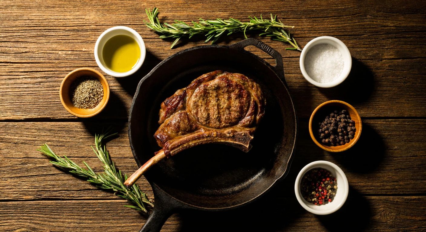 A sizzling lamb chop on a rustic wooden table, surrounded by small bowls of olive oil, rosemary, black pepper, cumin, red pepper flakes, and fresh thyme, with a warm golden light casting shadows on the ingredients.