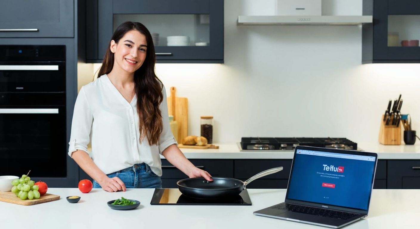 A Turkish woman in a modern kitchen smiles while holding a Tefal pan, with a laptop open on the counter displaying the Tefal Plus website registration page.