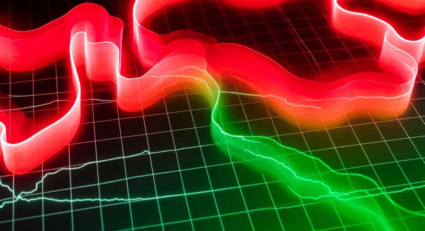 A glowing abstract heatmap with swirling red and green gradients overlaying a dark grid, representing financial risk zones in cryptocurrency trading.