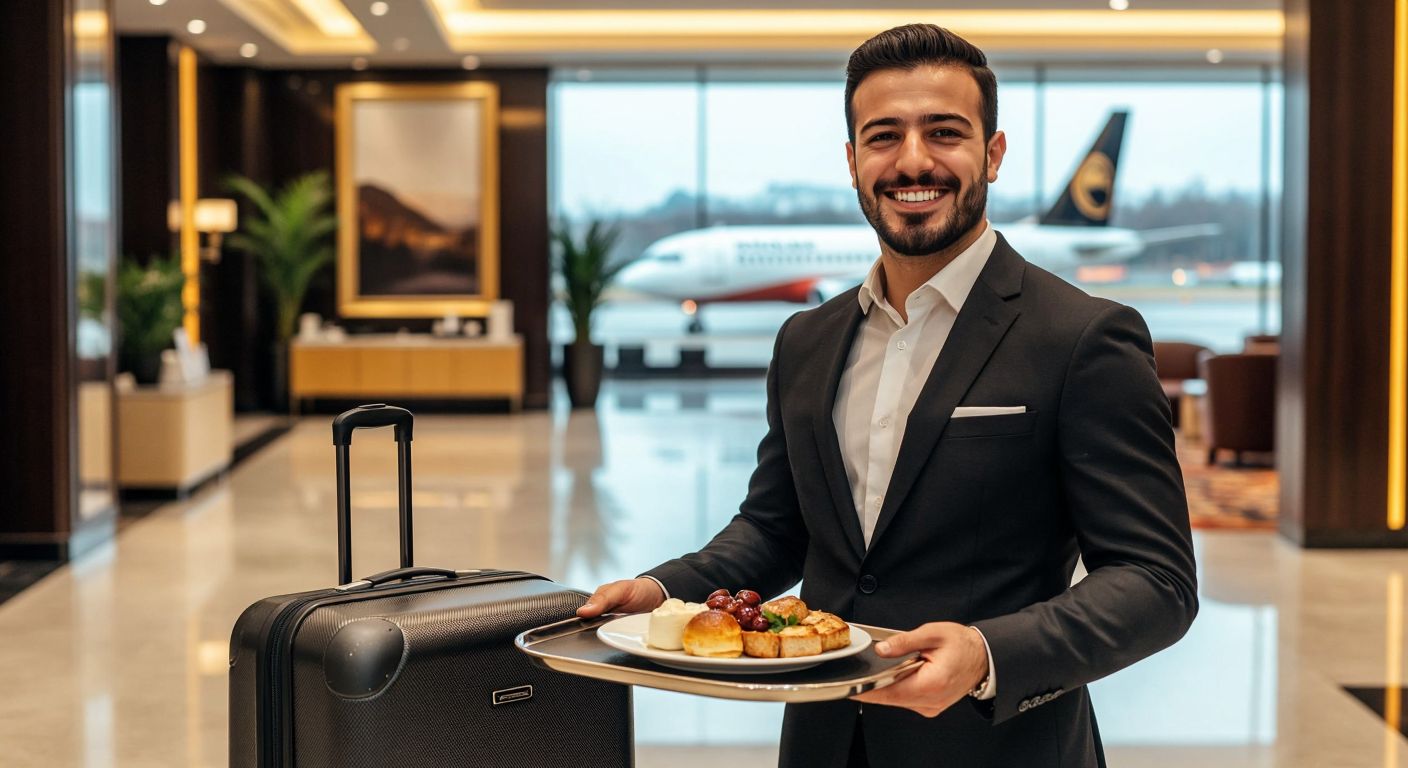 A well-dressed Turkish business traveler smiling confidently while boarding a plane with priority access, holding a sleek luggage tag, and a hotel concierge greeting them warmly in a luxurious lobby with a tray of traditional Turkish breakfast.