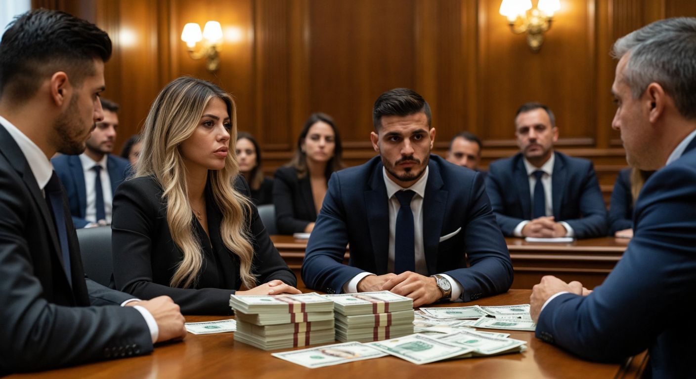 A tense courtroom scene in Argentina with Mauro Icardi and Wanda Nara seated at opposite tables, stacks of euro bills piled between them, their expressions cold and determined, while lawyers in formal suits whisper behind them.