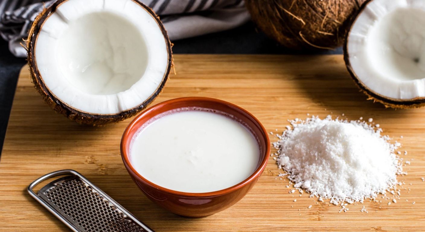 A wooden kitchen counter in Turkey displays a bowl of creamy white coconut milk next to a small pile of finely grated coconut powder, with a halved coconut and a grater nearby, evoking freshness and culinary contrast.