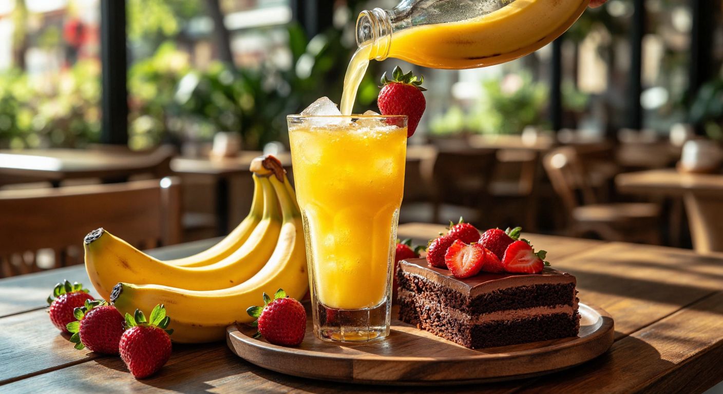 A golden-yellow banana liqueur being poured over ice in a tall glass, surrounded by fresh bananas, strawberries, and a slice of chocolate cake on a sunlit wooden table in a cozy Turkish café.