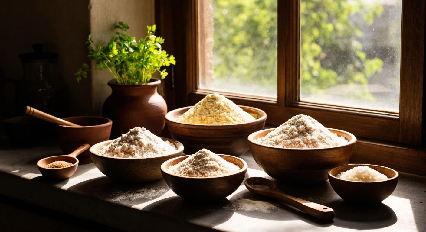 A rustic Turkish kitchen counter displays small bowls filled with buckwheat flour, chickpea flour, coconut flour, and rice flour, with a wooden spoon resting nearby and warm sunlight streaming through a window.