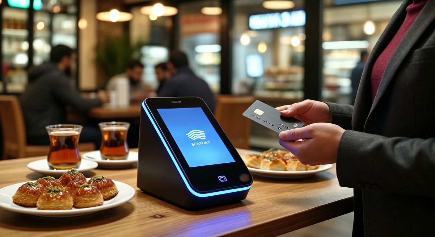 A sleek, modern digital payment terminal glowing with a soft blue light, placed on a wooden table in a bustling Turkish café, surrounded by steaming cups of çay and plates of baklava, with a businessperson in casual attire confidently tapping their card.
