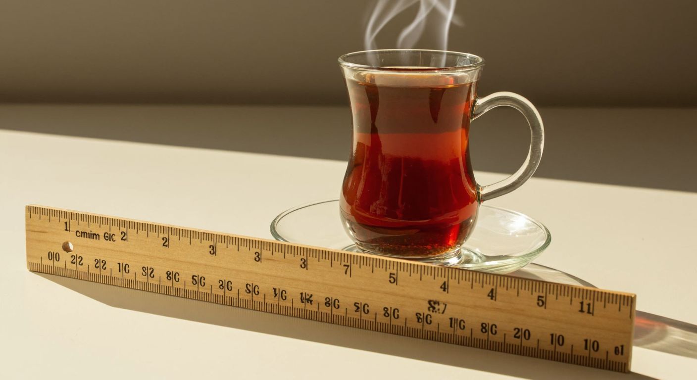 A wooden ruler with inches on one side and centimeters on the other, placed on a sunlit table next to a steaming cup of Turkish tea.