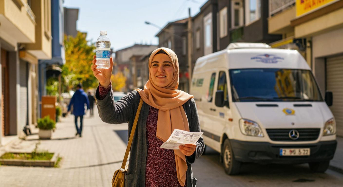 A Turkish woman in a modest headscarf stands in a sunlit Kayseri street, holding a water bill and smiling while pointing at a municipal water van parked nearby.