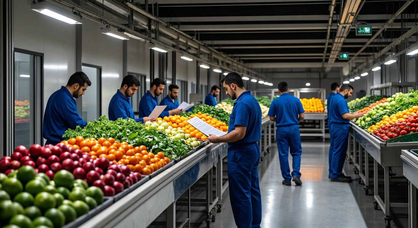 A bustling Turkish office with workers in blue uniforms inspecting documents next to a modern factory where fresh fruits and vegetables move along a conveyor belt under bright lights.