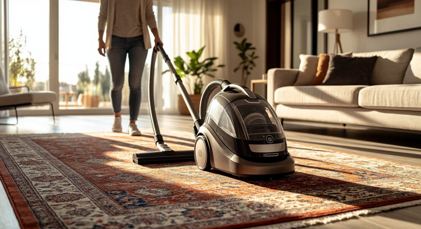 A sleek, modern vacuum cleaner with a transparent dust container sits on a clean Turkish rug in a sunlit living room, surrounded by a satisfied homeowner smiling as they effortlessly push it across the floor.