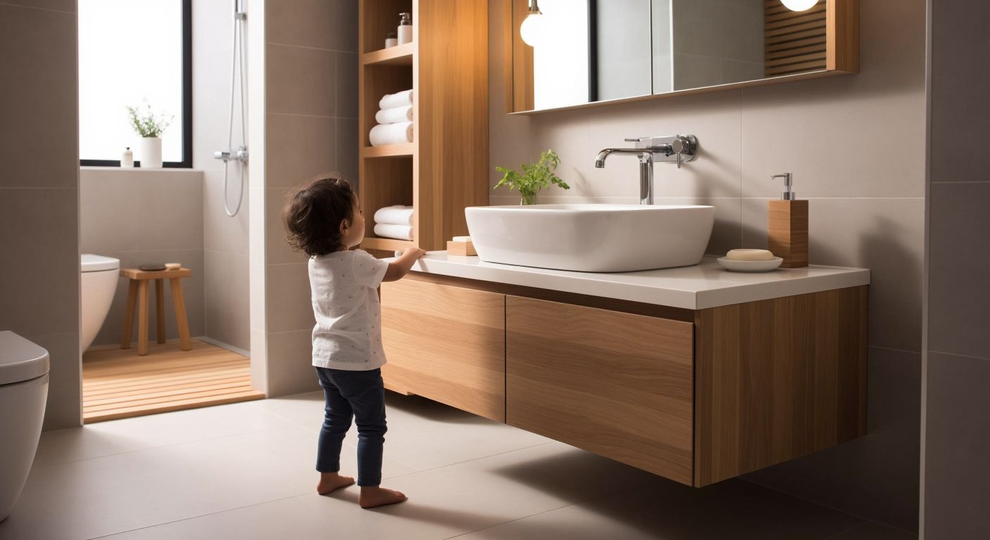 A modern Turkish bathroom with a sleek wooden cabinet under a white ceramic sink, positioned at a comfortable height for an adult to access, while a child stands nearby on tiptoes trying to reach it.