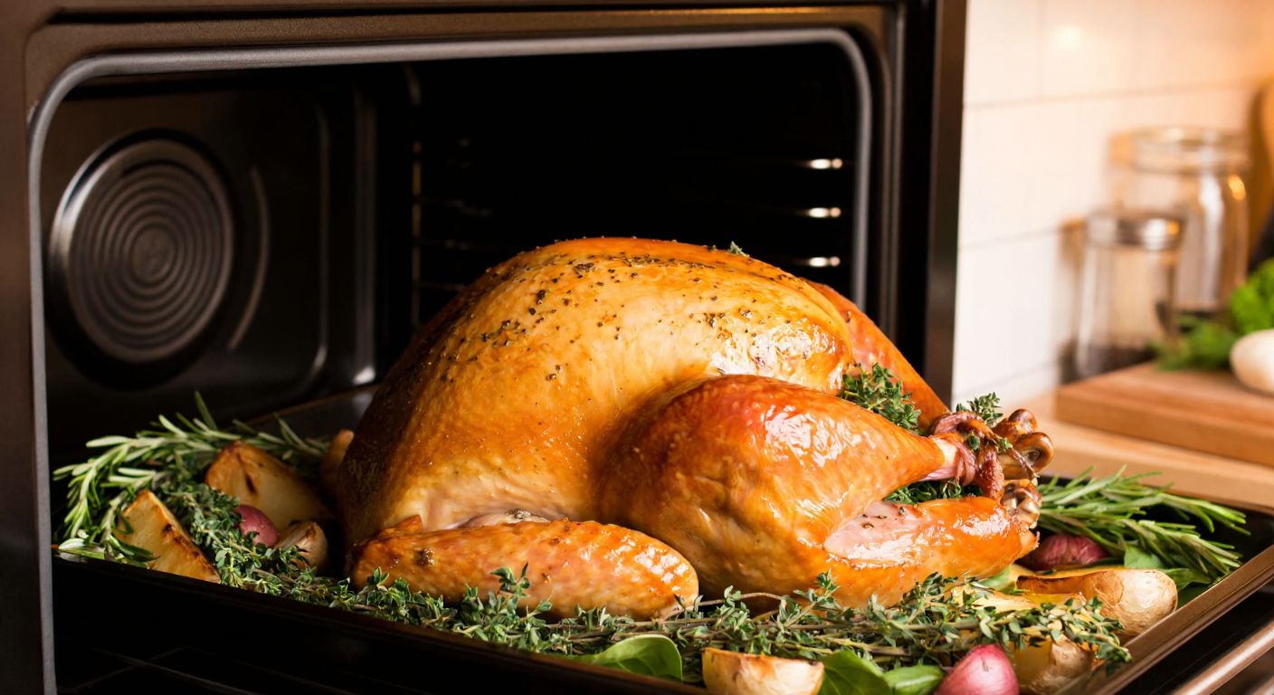 A golden-brown stuffed turkey roasting in an oven, surrounded by aromatic herbs and vegetables, with steam rising and a warm, inviting kitchen in the background.