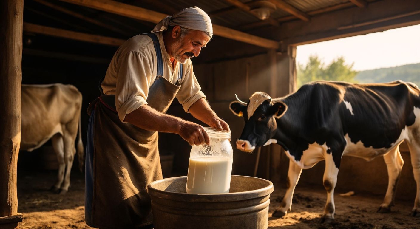 A Turkish farmer in traditional rural attire carefully pours fresh milk from a plastic milking pail into a larger container in a sunlit barn, with a contented cow nearby.