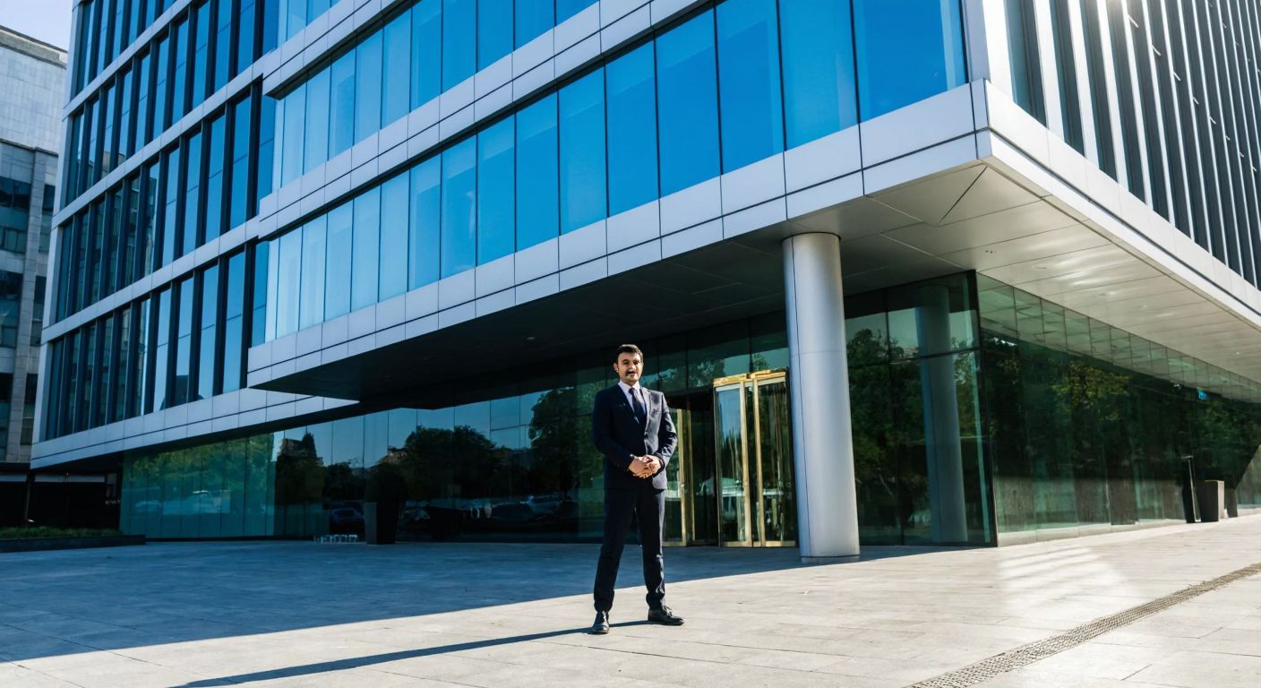 A modern office building in Istanbul's Şişli district, with a sleek glass facade reflecting sunlight, and a professional Turkish businessman in a suit standing confidently near the entrance.