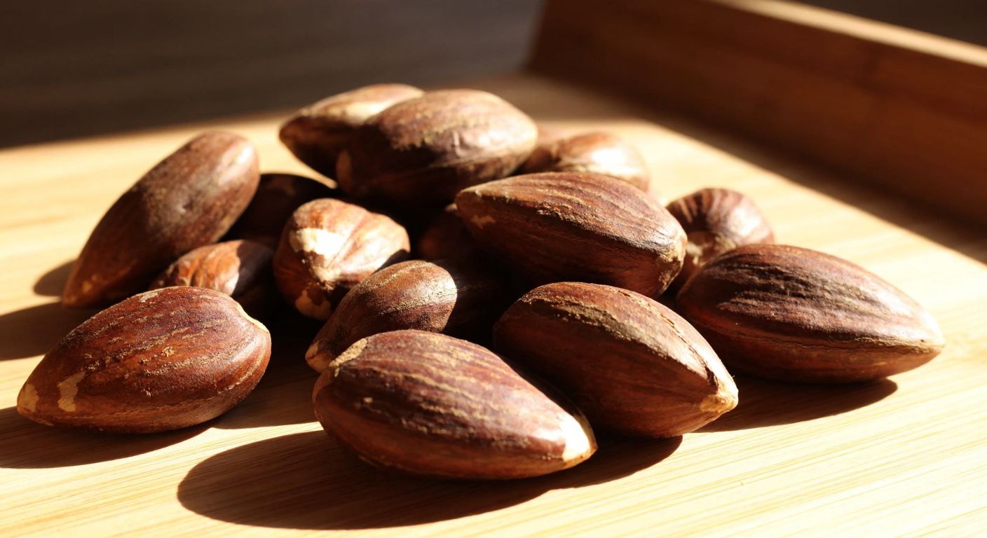 A close-up of a handful of Brazil nuts resting on a wooden table, with warm sunlight highlighting their rich brown texture and natural ridges.