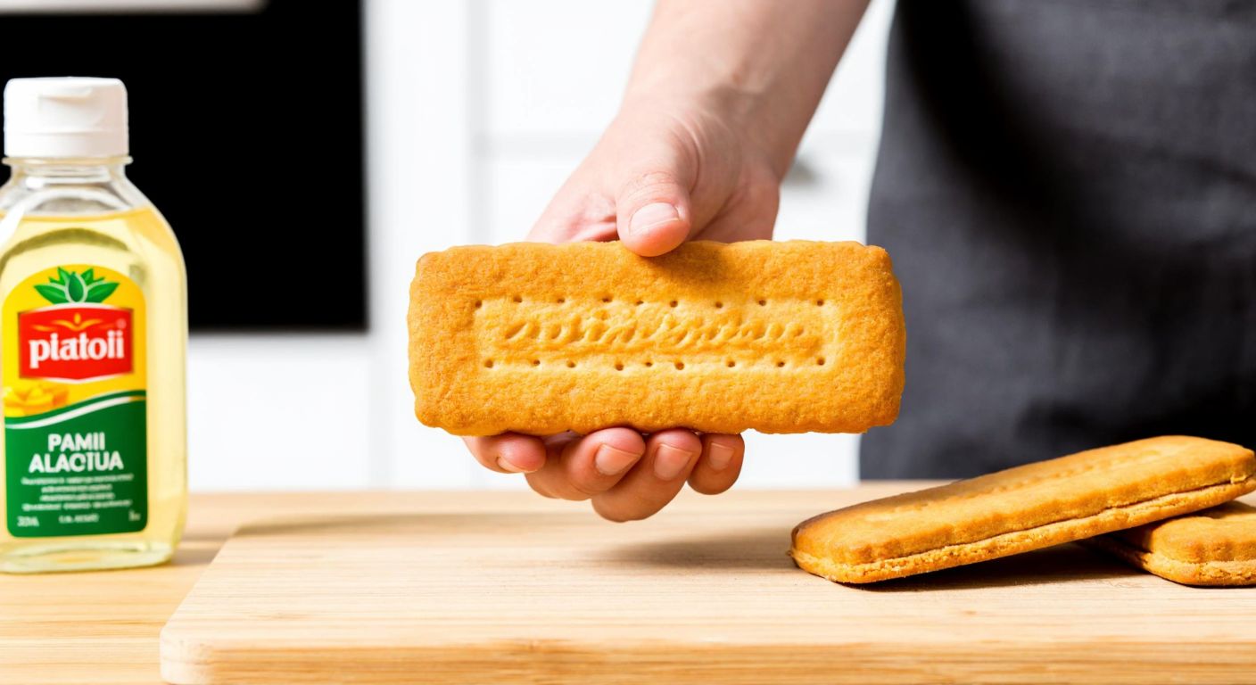 A hand holding a golden-brown Pötibör biscuit against a warm kitchen backdrop, with a small bottle of palm oil placed nearby on a wooden counter.