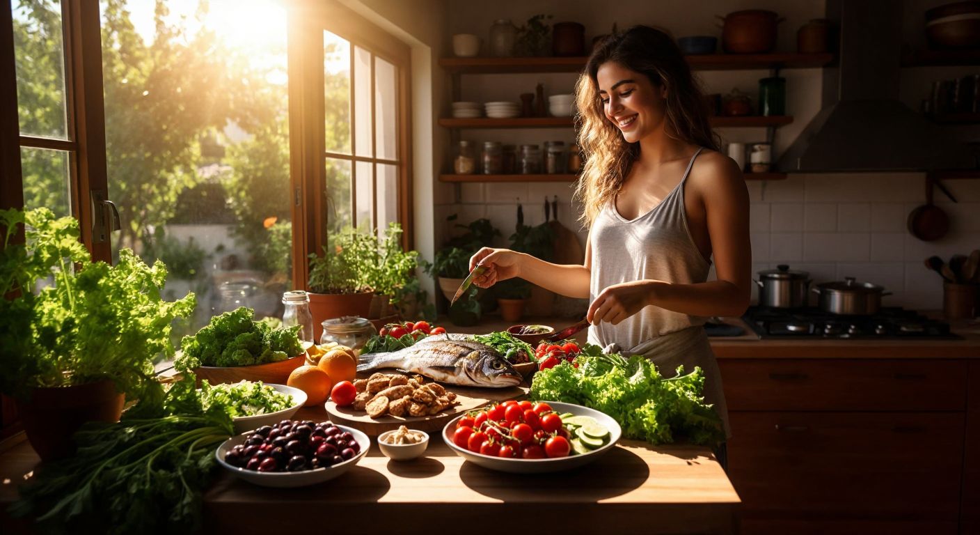 A vibrant wooden table in a sunlit Turkish kitchen, piled with fresh paleo-friendly foods—grilled fish, leafy greens, nuts, and berries—while a smiling, energetic woman in casual homewear prepares a colorful salad.