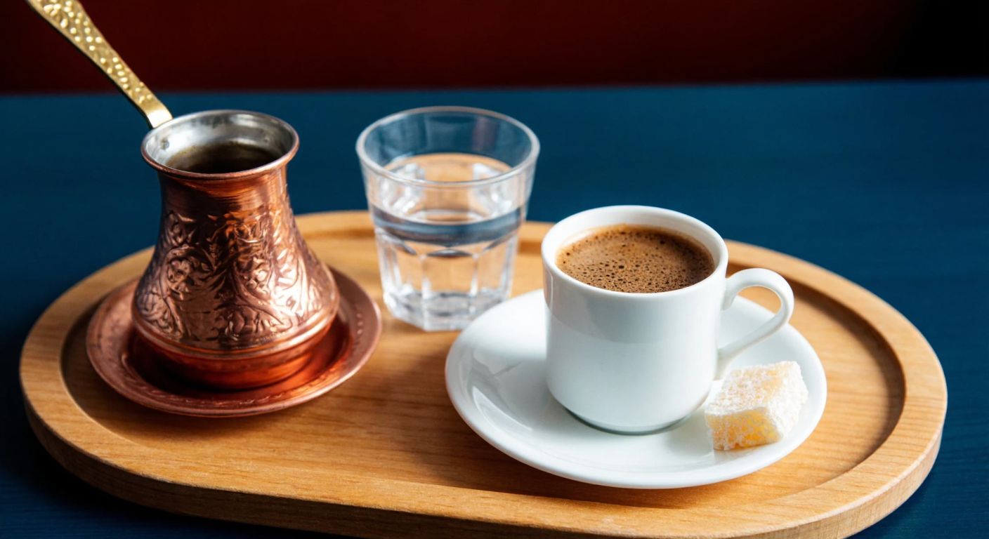 A traditional Turkish coffee set with a small ornate copper cezve, a tiny porcelain cup filled with dark, frothy coffee, and a saucer placed on a wooden tray beside a glass of water and a piece of lokum.