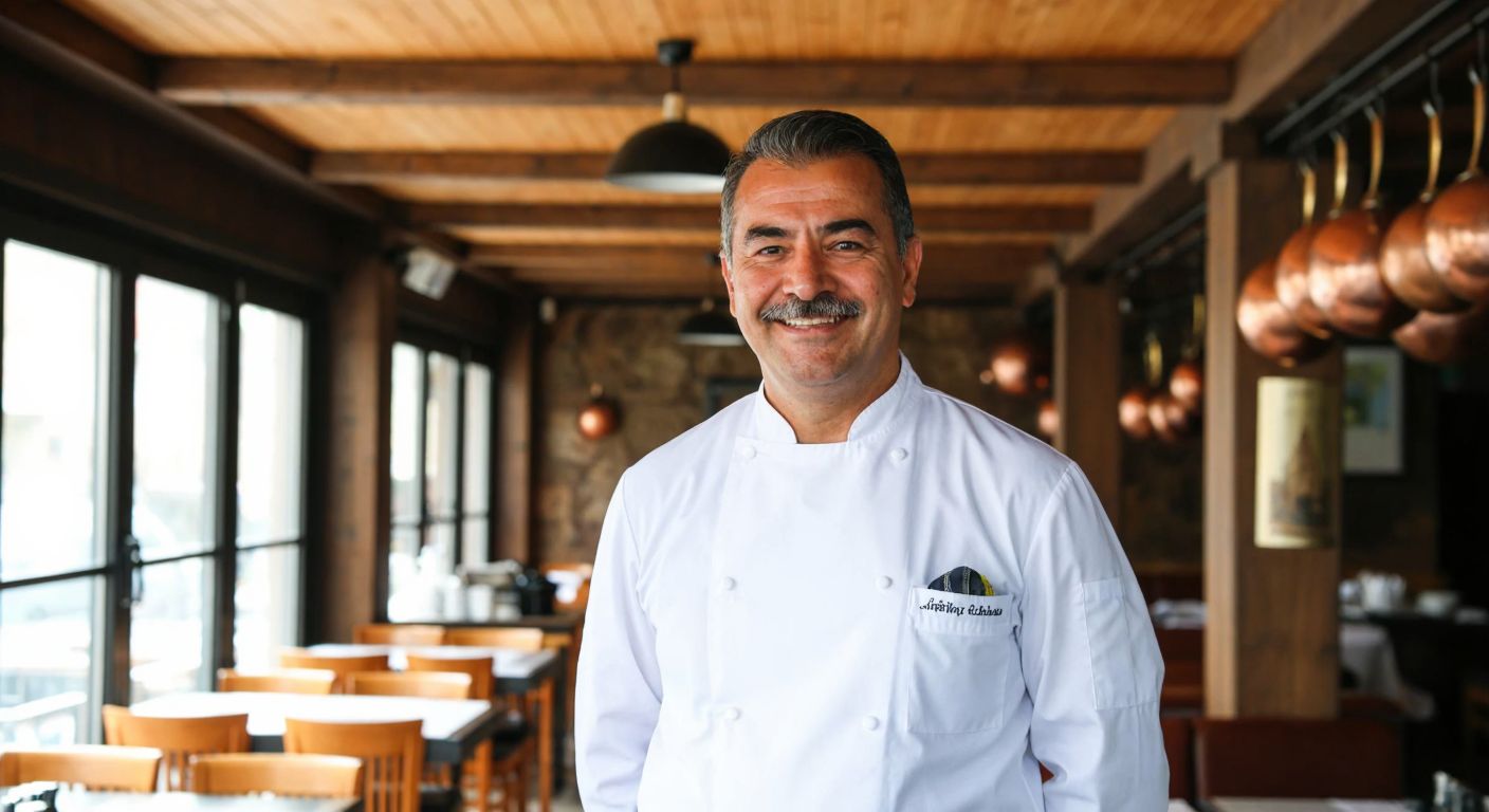 A smiling middle-aged Turkish man with a mustache, wearing a white chef's apron, stands proudly in a traditional Ottoman-style restaurant with wooden beams and copper pots hanging on the walls.