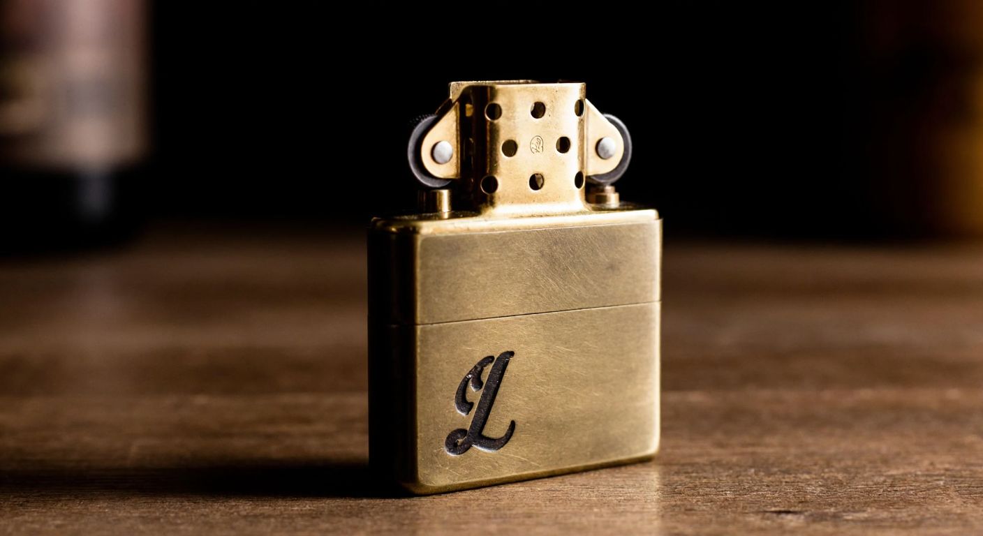 A weathered brass Zippo lighter rests on a wooden table, its base faintly showing an engraved "L" under warm, dim lighting.