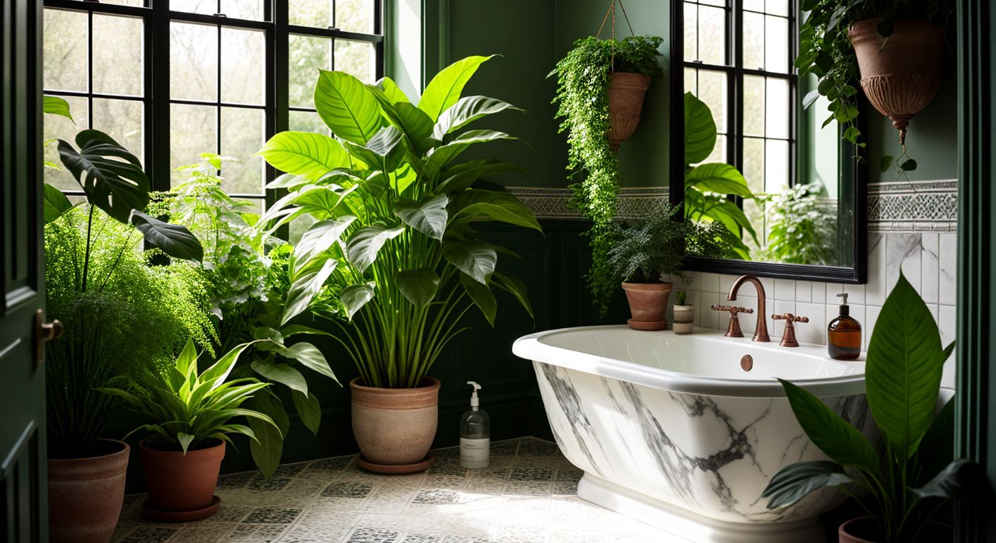 A lush, sunlit Turkish bathroom with vibrant English ivy cascading over a marble sink, a peace lily in a terracotta pot on the floor, and a ribbon plant dangling from a copper hook, all thriving in the humid air.