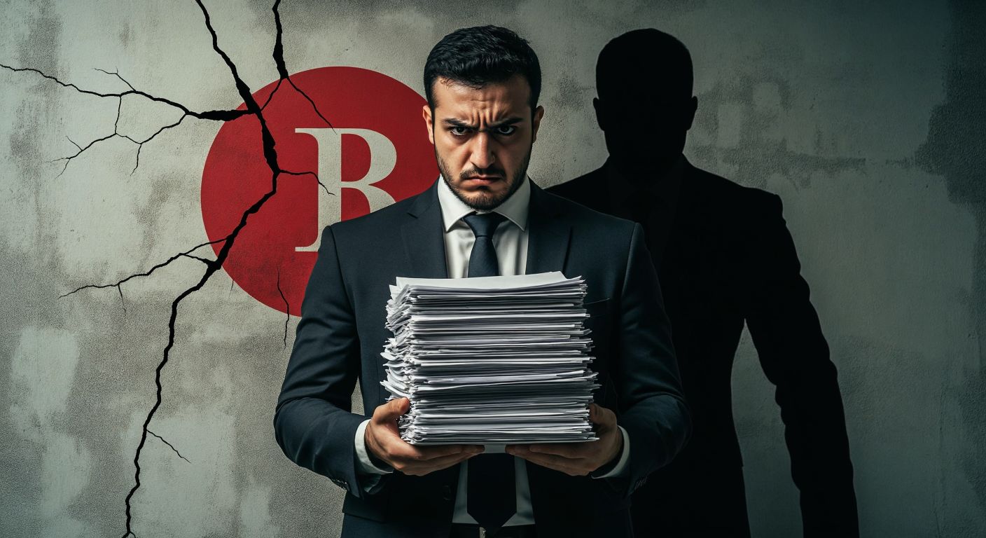 A tense Turkish businessman in a suit frowns while holding a stack of mismatched shipping documents, with a shadowy figure lurking behind him and a cracked bank logo in the background.