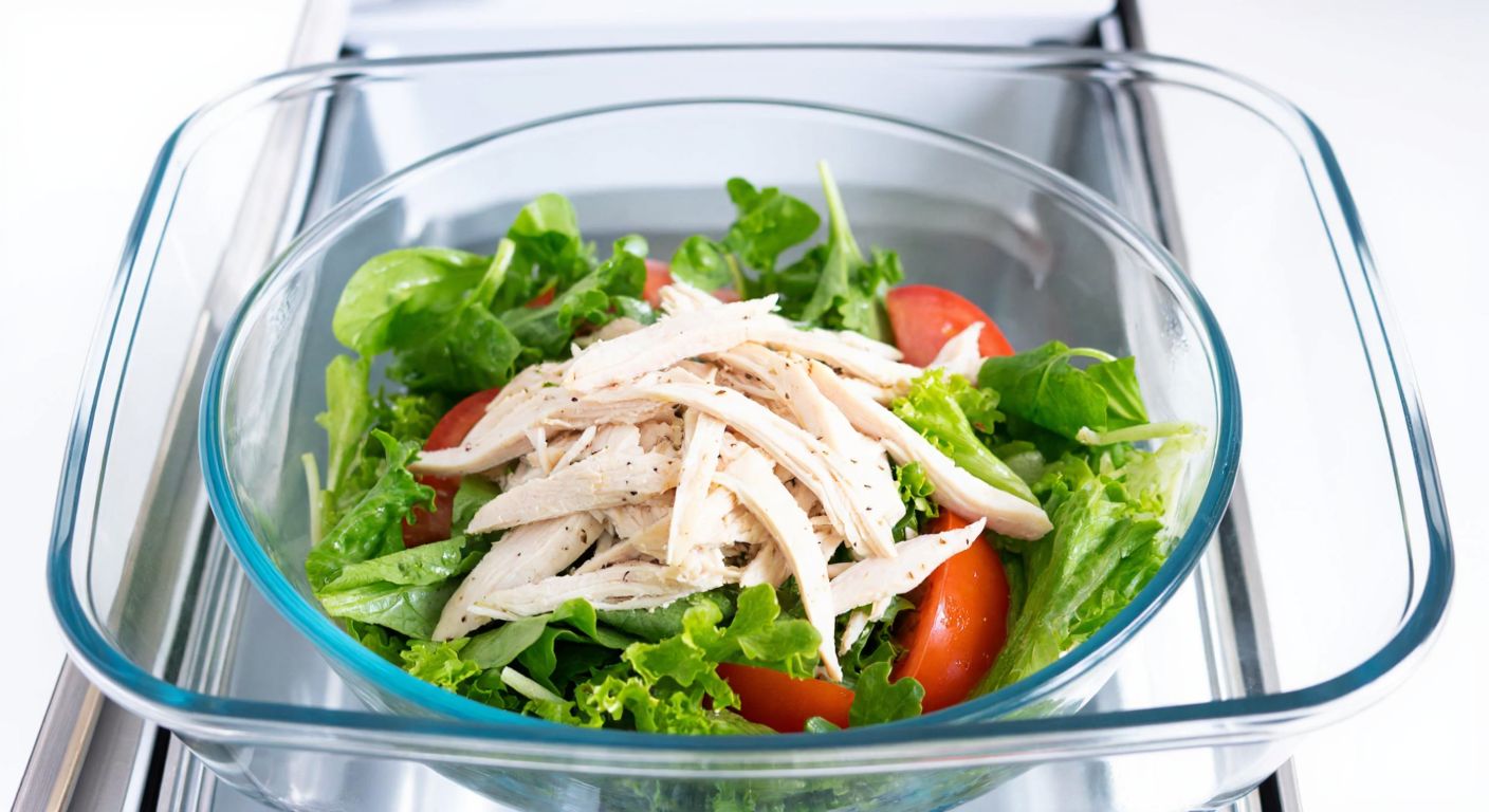 A vibrant bowl of chicken salad with fresh greens, tomatoes, and shredded chicken, placed inside a sealed glass container in a modern Turkish refrigerator.