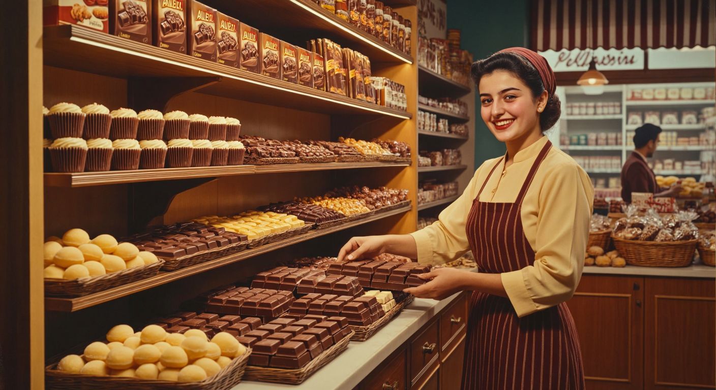 A nostalgic scene of a vintage Turkish grocery store shelf displaying Albeni chocolate bars, with warm golden lighting evoking the 1950s, and a shopkeeper in traditional attire smiling while arranging the sweets.